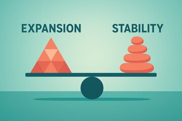 Balancing expansion and stability: business strategy concepts illustrated on a scale expansion.