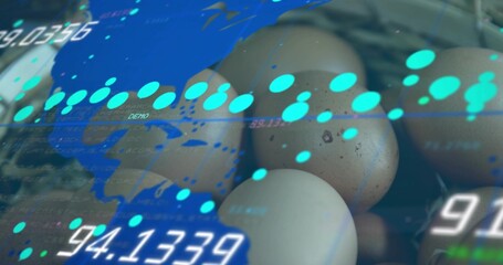 Displaying cluster of speckled eggs in carton glowing under world map, with numeric readouts