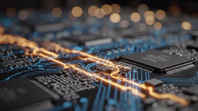Close up of a computer motherboard with glowing blue circuits and orange energy flow.