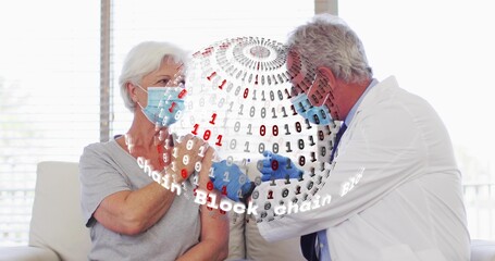 Giving doc injecting senior on sofa at home with syringe white coat blue gloves masks Blockchain