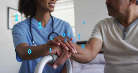 Placing nurse in blue scrubs and stethoscope supporting senior at bed with walker, binary overlay