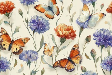Elegant, chic, vintage seamless repeating pattern featuring butterflies fluttering gracefully,  wildflowers