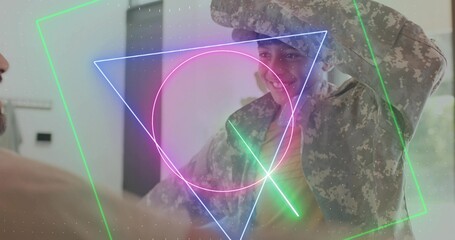 Saluting man adjusting cap at home entry while child reaching, with camo jacket and neon overlays