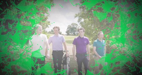 Walking four men wearing polo shirts strolling along golf fairway, with golf bag and clubs