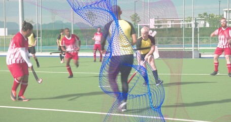 Contesting central player in yellow shirt controlling ball on turf, with sticks, goal, mesh overlay