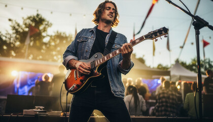 A musician energetically plays guitar while performing on stage at a festival, immersed in the live music atmosphere under vibrant stage lights.