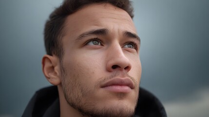 Obraz premium Close up portrait of a young man with a thoughtful expression looking up at an overcast sky
