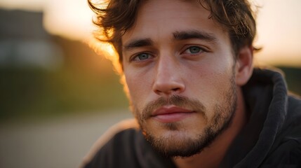 Close up portrait of a man with a serious expression at sunset illuminated by warm golden hour light