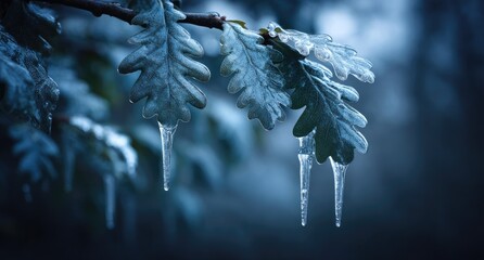 Icy oak leaves, dripping icicles
