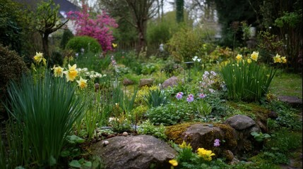 Fototapeta premium Lush spring garden with blooming flowers and vibrant greenery.