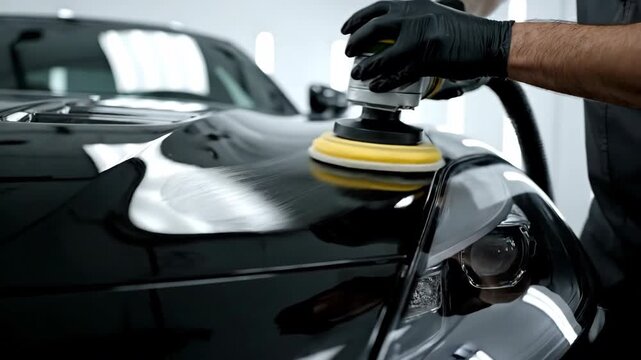 Man polishing a black car with a buffer machine creates a glossy shine.