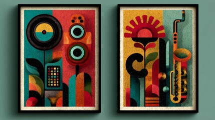 Abstract Art Prints With Musical And Botanical Themes Featuring Saxophone Speaker And Colorful Geometric Shapes Vibrant Retro Raster Illustration