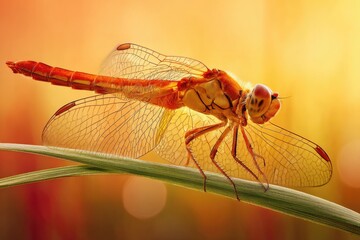 Orange dragonfly perched on blade of grass, sunlit