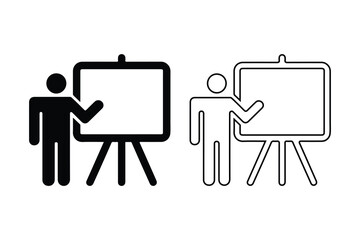 Presentation and Teaching Icon Set Speaker at Whiteboard Silhouette and Outline Vector Illustration