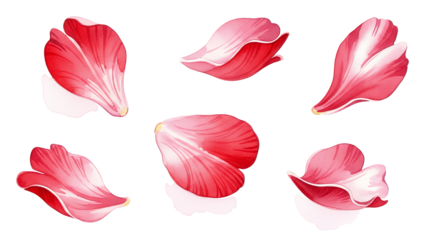 A collection of red flower petals arranged on a white background