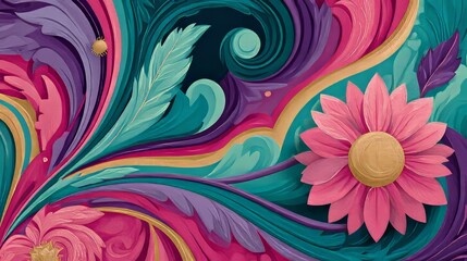Abstract Floral Artwork With Swirling Teal Pink Purple And Gold Patterns Featuring Stylized Leaves Feathers And Large Pink Flower With Golden Center Artistic Raster Illustration