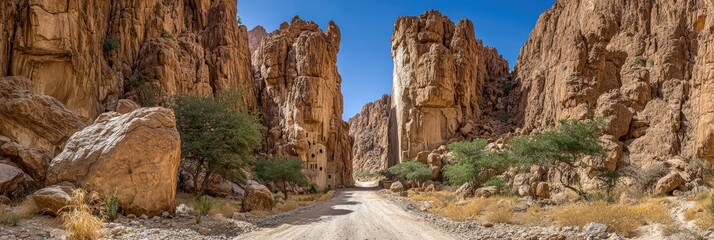 Desert canyon road flanked by sandstone cliffs