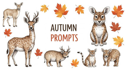Autumn animals and leaves in watercolor style for seasonal prompts