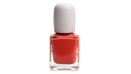 Nail polish bottle with coral red color and white cap isolated on transparent background