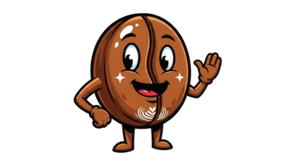 Happy Cartoon Coffee Bean Character with Latte Art on its Chest Waving mascot anthropomorphic isolated on a transparent background