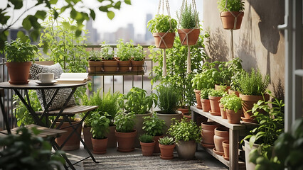 A serene balcony with lush plants and a cozy seating area surrounded by greenery via RJ Whisk Auto