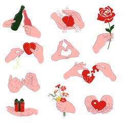 Human hands holding hearts, flowers, and gifts. Concept of love, care, emotional support, and romantic relationships. Minimal flat vector illustration
