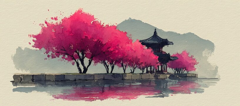 The temple is set against a beautiful riverside mountain landscape, depicted in traditional Oriental painting style with image technology