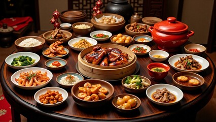Banquet table, traditional chinese feasts, dumplings, dishes, foods, drinks, home - Chinese New Year dinner, Lunar celebration, spring festival, reunion, family gathering, authentic Asian food 