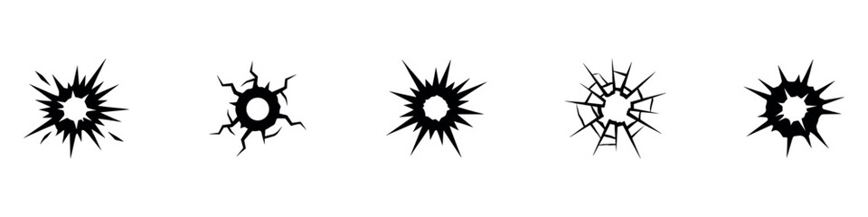 Bullet holes silhouettes icons set. Gun bullethole shooting, weapon mark damage vector elements. Vector Illustration. © Jeremy_Show