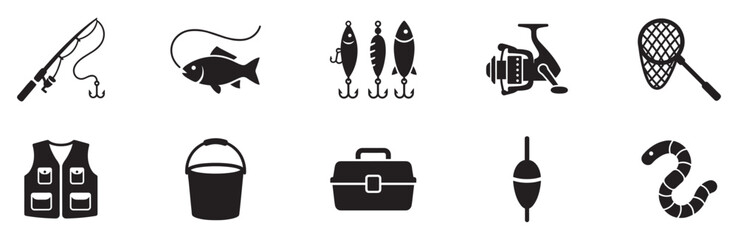 Fishing icon set. Fishing gear icons. Solid style icons of fishing gear and methods: fishing pole with hook, net icon, bait bucket, tackle box, fish. Vector Illustration. © Yana