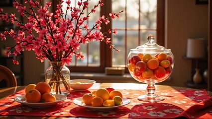Mandarin oranges on red tablecloth, flower arrangement, traditional chinese decoration, oriental ornament, festive home - Chinese New Year celebration, Lunar, spring, luck, prosperity, wealth blessing