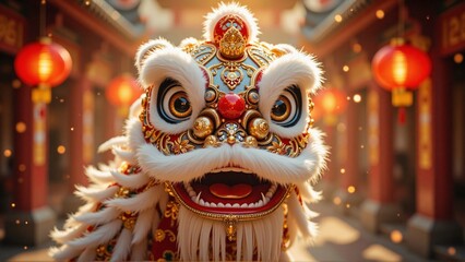 Portrait of chinese lion dance costumes performance, traditional chinese pagoda temple, red chinese lantern - Chinese New Year 2026 celebration, Lunar, Beijing travel, tourism, luck, prosperity