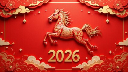 A red rearing horse shio symbol, traditional frame border - Chinese New Year 2026 greeting, Year of the horse, Lunar celebration, chinese zodiac sign concept