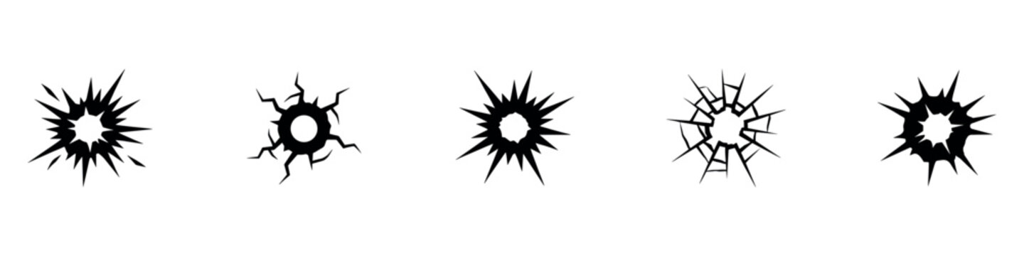 Bullet holes silhouettes icons set. Gun bullethole shooting, weapon mark damage vector elements. Vector Illustration.