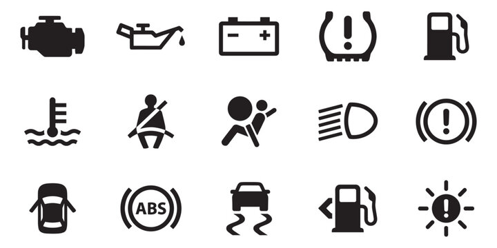 Cars dashboard icon set. Car dashboard warning icons. Car dashboard warning light symbols collection. Vector Illustration.