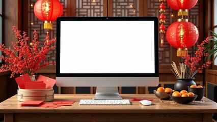 Mockup of blank white computer screen monitor on desk, chinese lanterns, tangerines, envelope - Chinese New Year decoration, Lunar celebration, spring festival, template, display, greeting