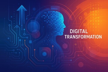Digital transformation concept with binary code, circuitry and human head silhouette digital.