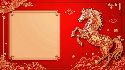 A red rearing horse shio symbol, copy space - Happy Chinese New Year 2026 greeting, Year of the horse, Lunar celebration, mockup, template, frame, border, banner, poster, chinese zodiac sign concept