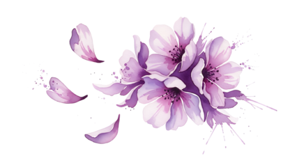 Delicate purple flowers blooming with petals scattering around on a white background