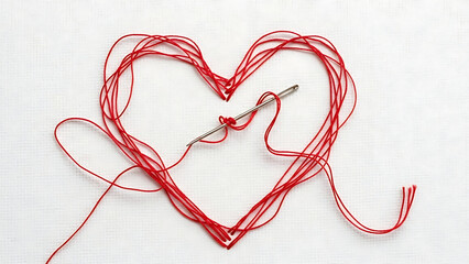 A tangled red thread heart shape on a white background symbolizing love and connection