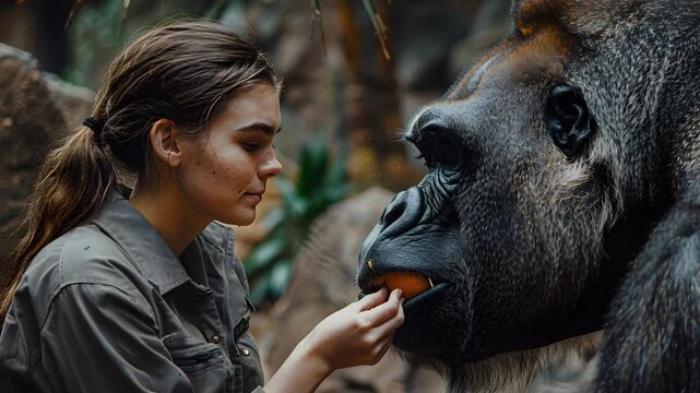 A woman is gently offering an orange to a gorilla in a wildlife conservation center. This interaction highlights the bond between humans and animals during an educational session around midday