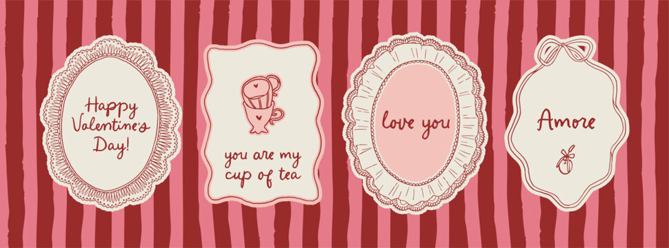 Coquette Valentine's day lace frames set. Vector whimsical laced vintage romantic borders. Love line art whimsy trendy baroque frame. Invitations, stationery, printables, social media templates