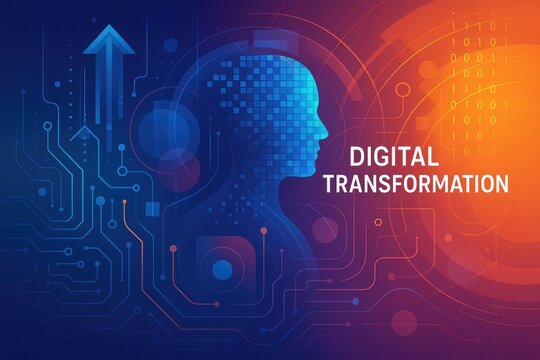 Digital transformation concept with binary code, circuitry and human head silhouette digital. - Powered by Adobe