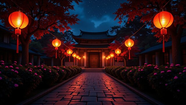 Traditional chinese pagoda temple, glowing oriental chinese lanterns, stone garden path, night - Chinese New Year decoration, Lunar celebration, spring festival, Beijing travel, luck, prosperity