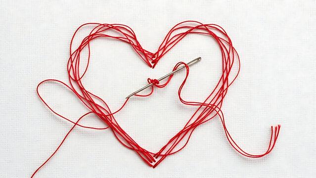 A tangled red thread heart shape on a white background symbolizing love and connection