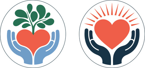 Two circular symbols show light blue hands holding a heart with green leaves and dark hands cradling a radiant heart