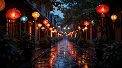 String of colorful glowing chinese lanterns hanging across china town street at night - Chinese New Year decoration, Lunar celebration, spring festival, Beijing travel, tourism, luck, prosperity
