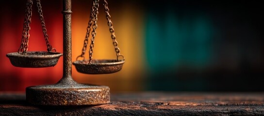 On a wooden table sits a scale of justice, behind which a rainbow flag serves as a backdrop, symbolizing the LGBT pride, gay, lesbian, and gender equality movement, captured in a technological image