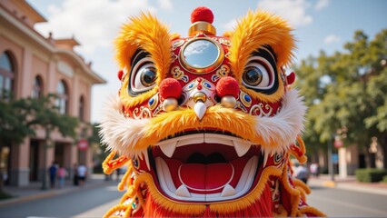 Portrait of traditional chinese lion dance head costume, oriental china town street - Chinese New Year 2026 celebration, Lunar, Beijing travel, tourism, luck, prosperity