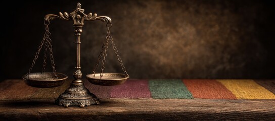 A justice scale placed on a wooden table, with a rainbow flag behind it, serves as a symbol for the LGBT pride, gay and lesbian gender equality movement, depicted via image technology